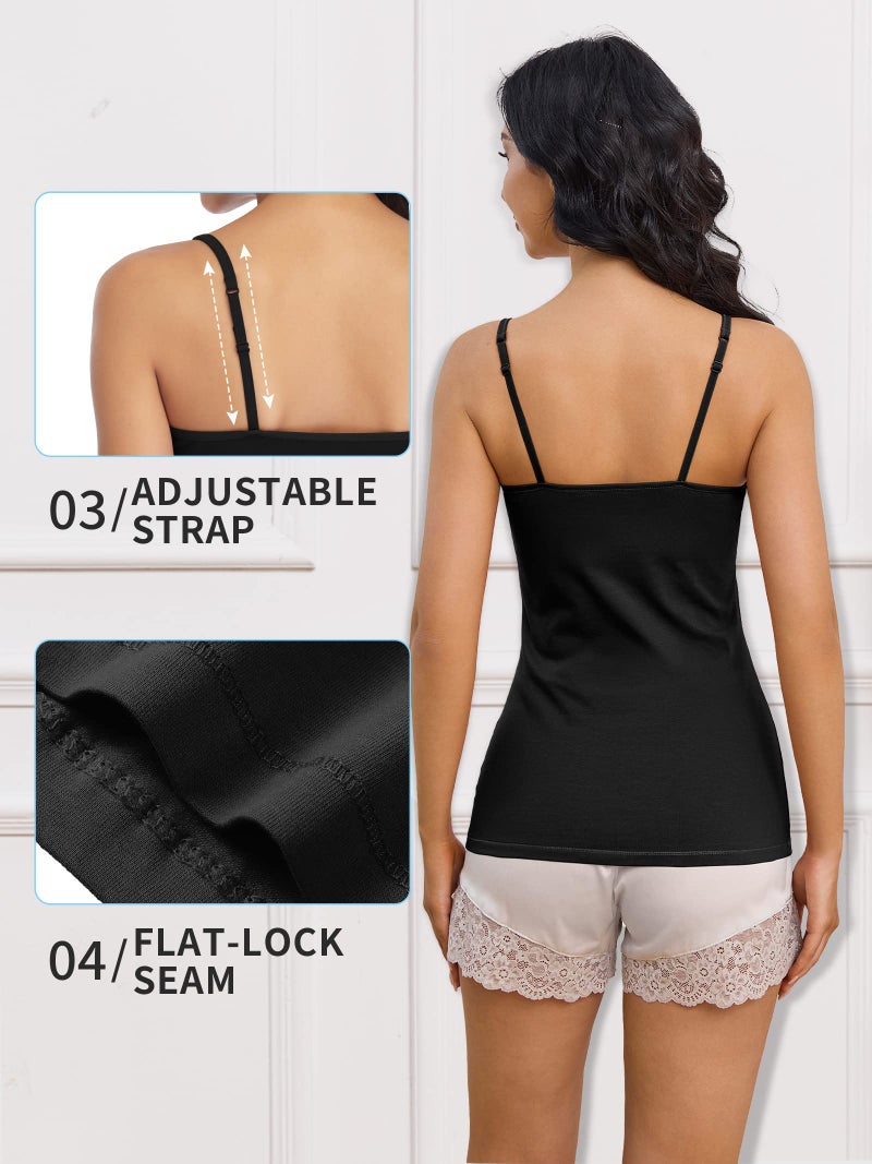 ATTRACO Tank Tops for Womens Cotton Camisole with Shelf Bra Soft Two Pack Black S - Image 3